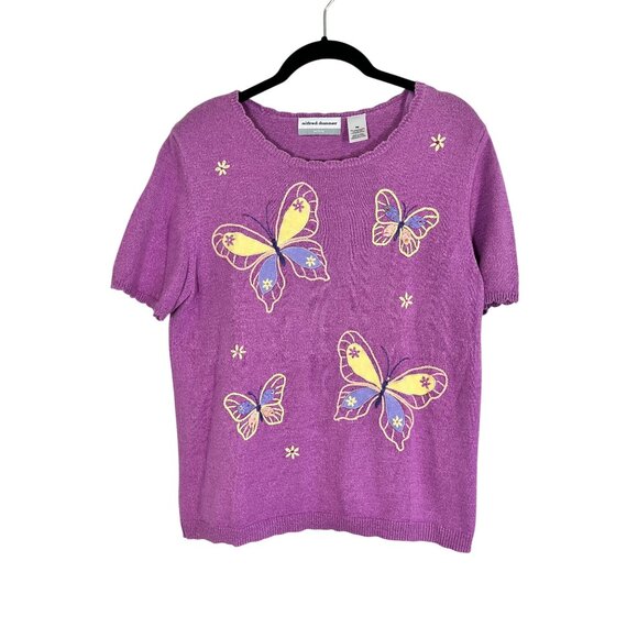 Alfred Dunner Sweaters - Alfred Dunner Retro Butterfly Sweater PM Pink Embroidery Classic Chic Boho Indie